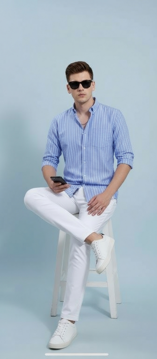 Men’s Blue & White Striped Casual Slim Fit Shirt