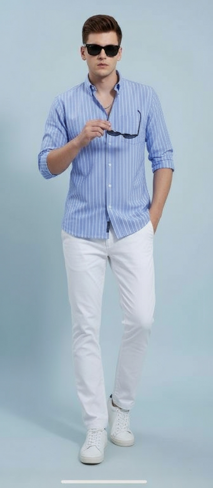 Men’s Blue & White Striped Casual Slim Fit Shirt