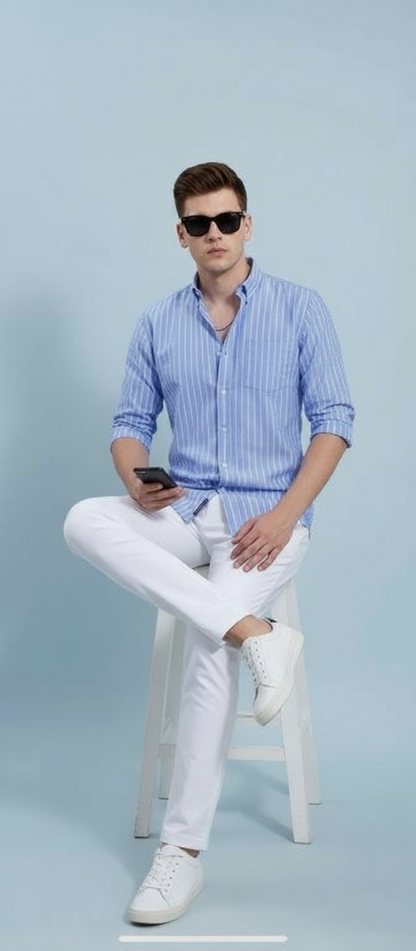 Men’s Blue & White Striped Casual Slim Fit Shirt