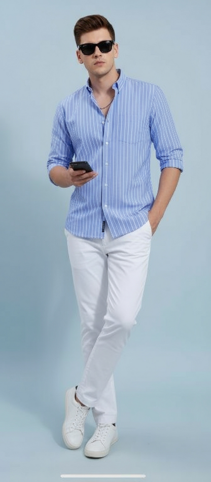 Men’s Blue & White Striped Casual Slim Fit Shirt